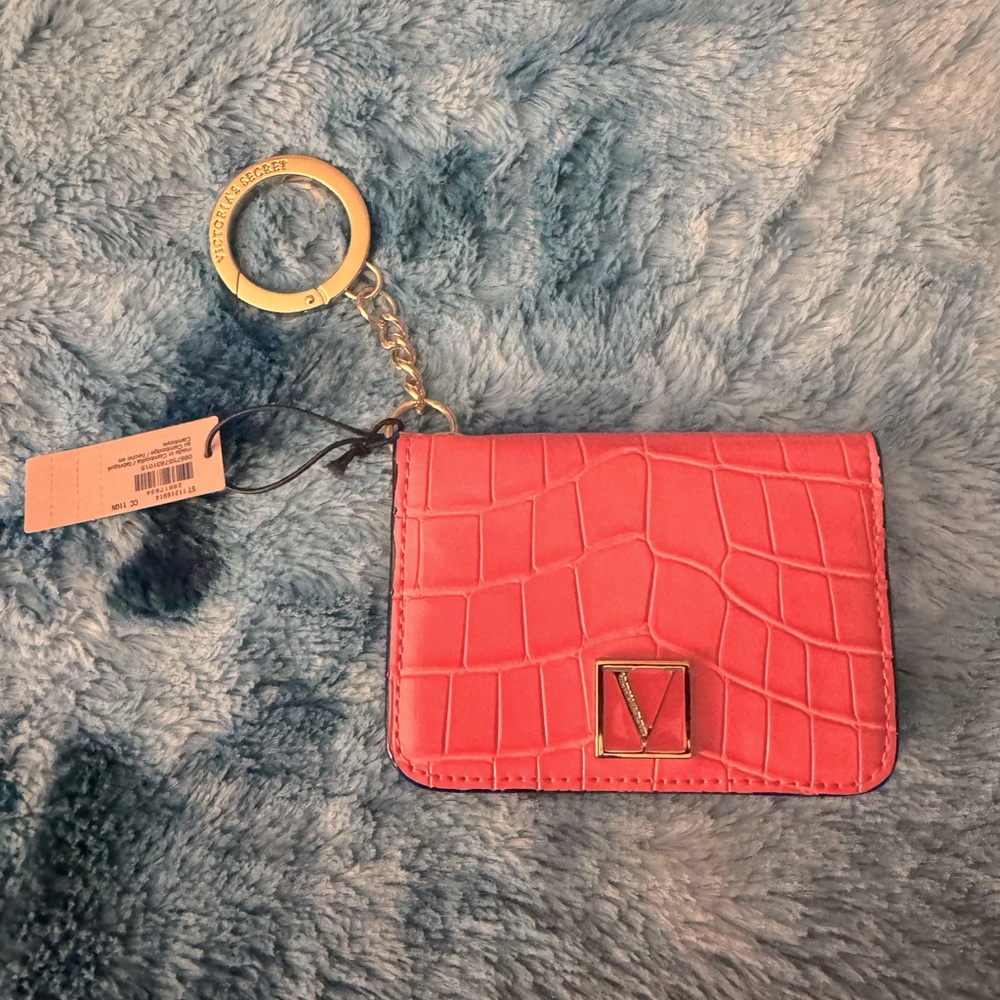 NWT Victoria's Secret Coral Croc-Embossed Card Holder with Gold Detail